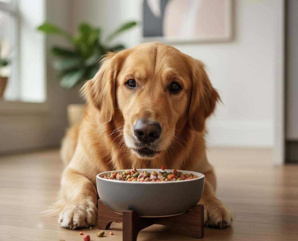 Dog eating from a high-quality food bowl