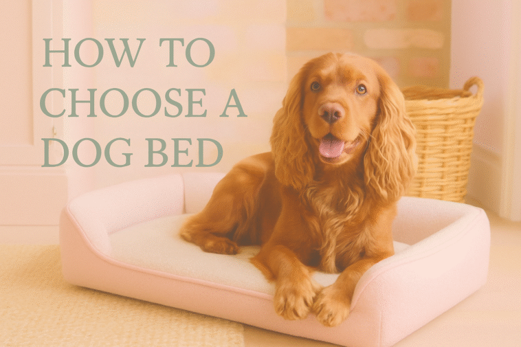 Brown Cocker Spaniel lying on a soft pastel dog bed in a cozy country-style room with text overlay reading “How to Choose a Dog Bed”